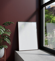 70x100 cm wooden frame mockup poster leaning on the concrete beside the window