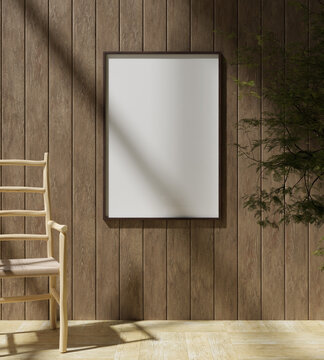 50x70 wooden frame mockup poster in the wooden interior with tree decoration and wooden chair from front view