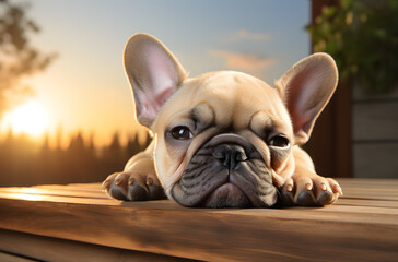 a cute french bulldog is laying on a  wooden deck   with a sun behind it