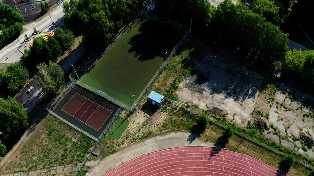 A small football pitch near the running track. Aerial photography from a high altitude.