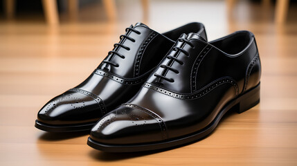 black leather Dress shoes isolated on the wooden floor