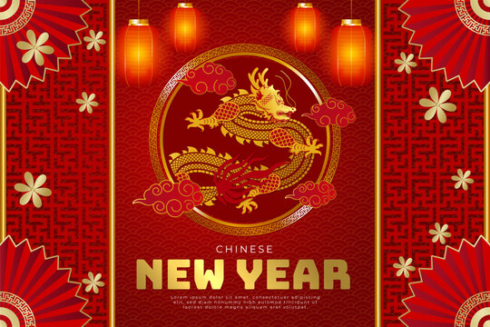 Happy chinese new year with dragon lantern and oriental background