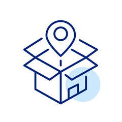 Delivery address. Open 3d box and map pointer. Store or personal shipment services. Pixel perfect, editable stroke icon