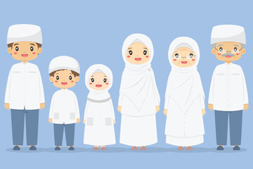 Happy Muslim family in white clothes, standing together. Muslim family cartoon characters vector.