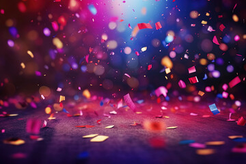 Vibrant Festive Party Background: Colorful Confetti, Gift Paper, and Ribbons Flying in Purple, Red,...