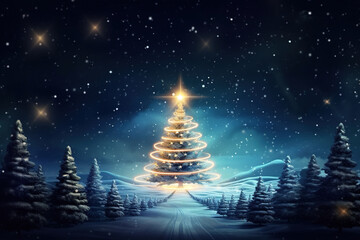 Christmas Tree Lighting Decoration in Snowy Forest Road Landscape with Snowfall. Beautiful Christmas Night Background for Banner or Poster with Copy Space