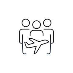 Airplane passengers. Traveling group of people.  Vector linear illustration icon isolated on white background.