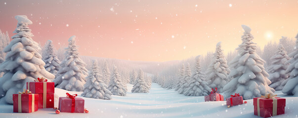 Wonderland Winter Village: Landscape with Pine Trees, Christmas Decorations, Gift Boxes, Red Balls, and Garlands. Christmas Trees Adorned with Red Garlands in a Snowy Forest at Sunrise