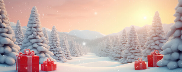 Wonderland Winter Village: Landscape with Pine Trees, Christmas Decorations, Gift Boxes, Red Balls, and Garlands. Christmas Trees Adorned with Red Garlands in a Snowy Forest at Sunrise