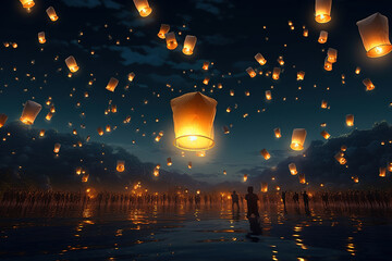 Obraz premium Floating Lantern with Flame in the Night Sky. Beautiful Sky Lanterns Illuminating the Dark Night, Moon, Loy Krathong Festival