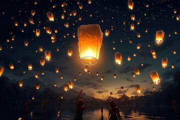 Floating Lantern with Flame in the Night Sky. Beautiful Sky Lanterns Illuminating the Dark Night, Moon, Loy Krathong Festival