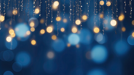 Christmas Garland Bokeh Lights Over Dark Blue Background. Holiday Illumination and Decoration...