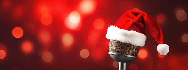 Santa Claus hat on Microphone on shiny Christmas celebration red bokeh background. Copy Space for banner or Poster - obrazy, fototapety, plakaty