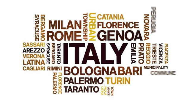 italy animated word cloud;text design animation tag kinetic typography seamless loop.