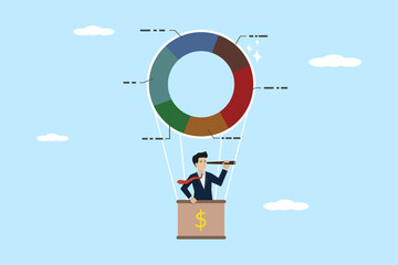 Business pie chart forecast, investment asset allocation, marketing diagram or statistical data, businessman looking through a telescope at a pie chart hot air balloon.