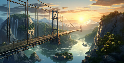 bridge over the river, suspension bridge. Generative Ai content wallpaper - obrazy, fototapety, plakaty