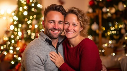 Fototapeta premium couple in front of a Christmas tree