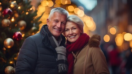 Obraz premium middle age couple in front of a Christmas tree