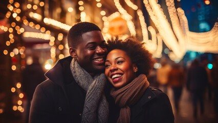 Fototapeta na wymiar happy couple in front of Christmas lights