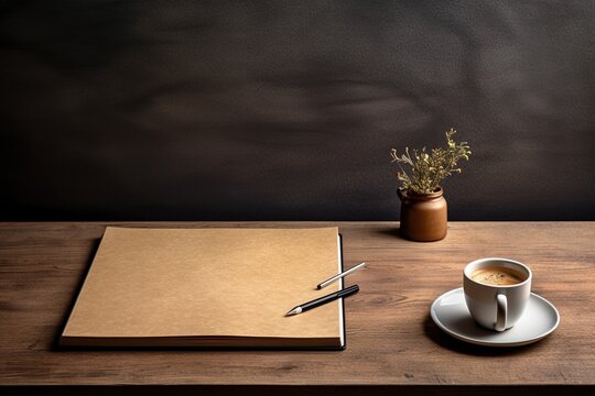 mockup, notebook, coffee cup, wooden desk, generative ai.