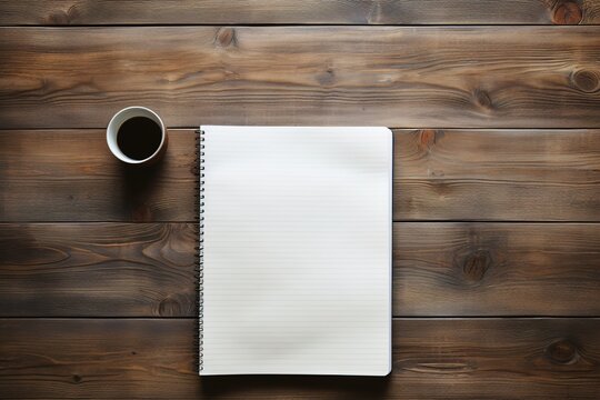 mockup, notebook, coffee cup, wooden desk, generative ai.