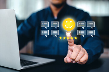 Hand touch smile face for customer services rating feedback satisfaction survey online business review questionnaire on technology data exchanges development for service mind social media respond - obrazy, fototapety, plakaty