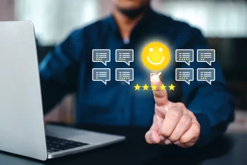 Deurstickers Hand touch smile face for customer services rating feedback satisfaction survey online business review questionnaire on technology data exchanges development for service mind social media respond © Eakrin