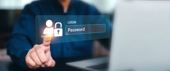 Businessman use laptop and touch screen login username and password identity or sign up register of cyber security internet access join social or personal data protection or forget pass key unlock.