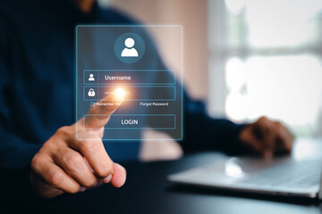 Businessman use laptop and touch screen login username and password identity or sign up register of cyber security internet access join social or personal data protection or forget pass key unlock.