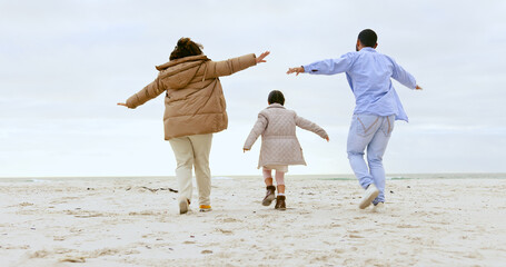 Happy family, airplane game and beach in nature or support love, relax and calm holiday. Young man,...