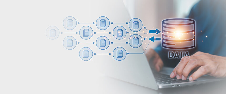 Cloud computing data management technology system for computer network cyber security or database file document transfer and sharing, big data for finance data analytics to growth concepts.