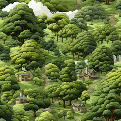 Trees greenery forest cartoon repeat pattern