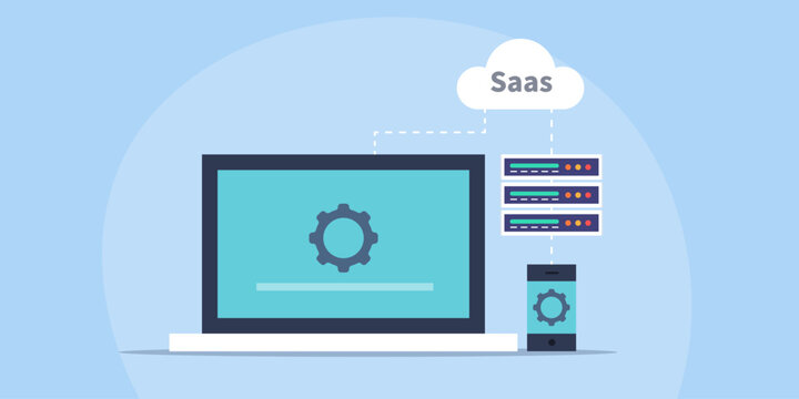 Saas - data centre, software update cloud computing technology internet server infrastructure, vector illustration background.