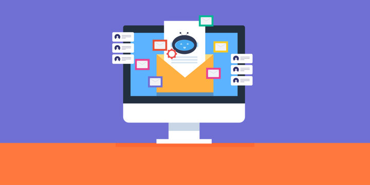 AI software writing and sending message to audience, Reaching out online people with cold email marketing strategy, artificial intelligence technology, vector illustration.