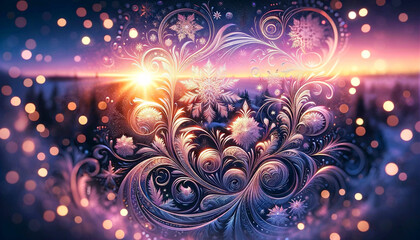 Illustration of complex frost designs adorning a window, with a bokeh effect.