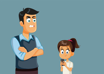 Little Girl Using Smartphone Making her Dad Angry vector Illustration. Father feeling upset because of her little girl overusing phone
