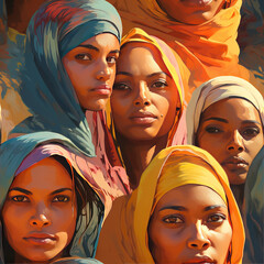 Asian women with head cover cartoon repeat pattern, India, Islam, Hinduism, Muslim