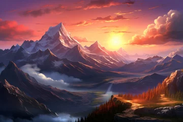 Fototapeten Mountain Landscape at dawn Wallpaper Desktop Background Generative Ai © Moonpie
