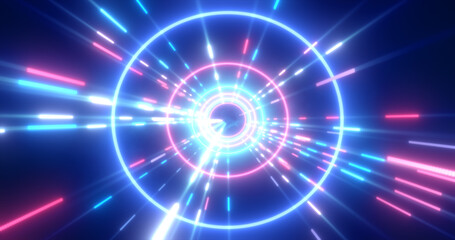 Abstract multi-colored energy futuristic hi-tech tunnel of flying circles and lines neon magic glowing background
