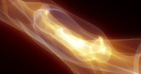 Abstract waves of yellow energy magic smoke and glowing lines on a black background