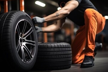 Male service station worker in uniform inspects large wheel of car looking for defects. Wheel repairman Improves transport performance at car station. Repairing vehicle parts in modern workshop