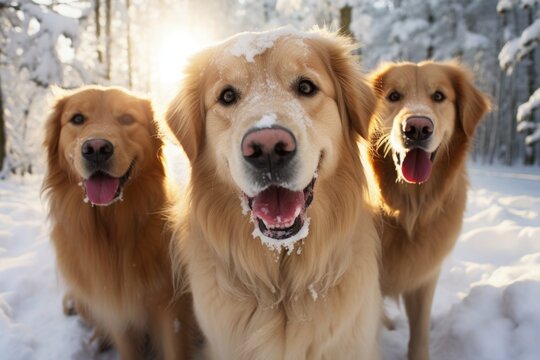 Golden Retrievers and his Family Siblings Walking on Snow Outdoor depicting Winter Christmas Holiday Festive Warmth Love Happy Pet Animal Photography Wild Nature Forest Trees Woods Cold Weather