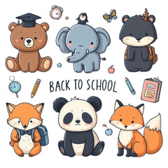 Back to school Animals hand drawn style, education theme. Cute characters. Bear, penguin, elephant, panda, fox and others