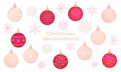 Set of Christmas balls and snowflakes for design card or banner, isolated on white background, New Year decoration elements, vector illustration.
