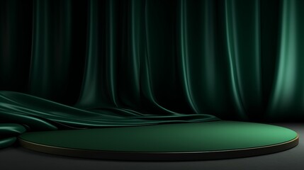 Green podium background fabric product curtain cloth cosmetic display 3D premium stand. Luxury podium pedestal studio background green presentation abstract fashion scene backdrop dark nature stage