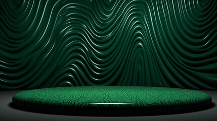 Green podium background fabric product curtain cloth cosmetic display 3D premium stand. Luxury podium pedestal studio background green presentation abstract fashion scene backdrop dark nature stage