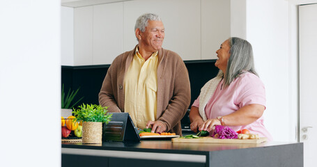 Fototapeta na wymiar Senior, couple and cooking in kitchen with smile for dinner, lunch or vegetables with support, help and love. Elderly, man and woman with happiness, peace and nutrition for bonding or relationship