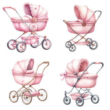 Pink stroller for baby girl.Watercolor hand drawn illustrations isolated on white background
