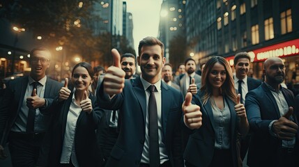 Team of business people professionals showing thumbs up, teamwork. Concept business finance office work career and success - obrazy, fototapety, plakaty