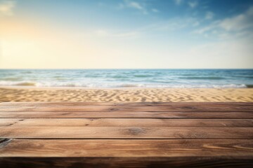 Wooden table over blur tropical beach background, product display montage